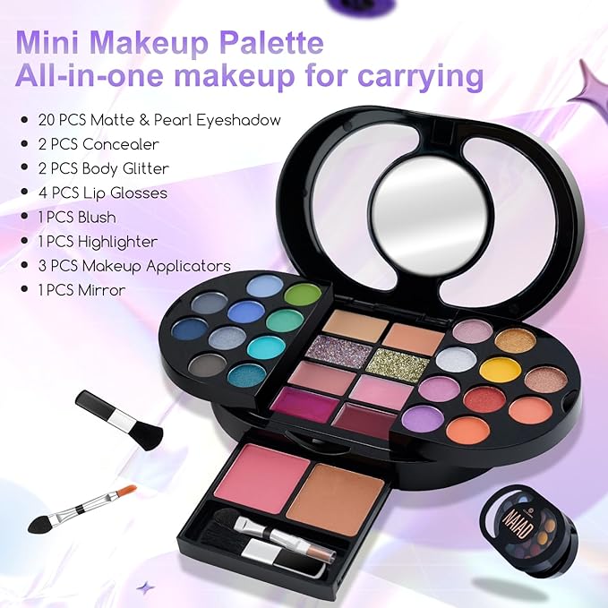 Color Nymph Travel Makeup Palette with Mulit-Colors Eyeshadows,Concealer, Body Glitter,Lip Glosses,Blush,Highlighter,Makeup Applicators And Mirror-Velvo Beauty