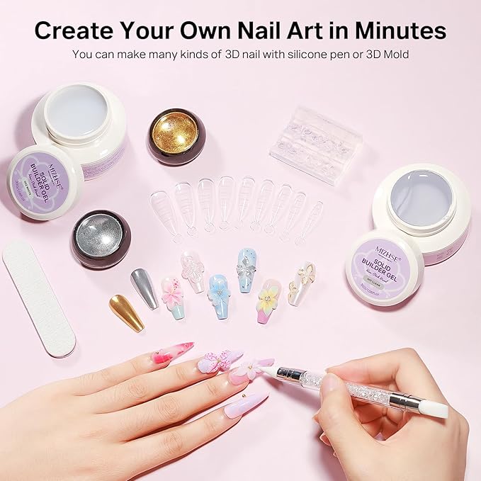 MIZHSE 2Pcs 3D Nail Gel Sculpting Gels, Clear and White Solid Builder Gel for Nails with Silicone Nail Molds Molding Gels 3D Art Non-Sticky Hand UV LED for Nails Salon Home DIY-Velvo Beauty