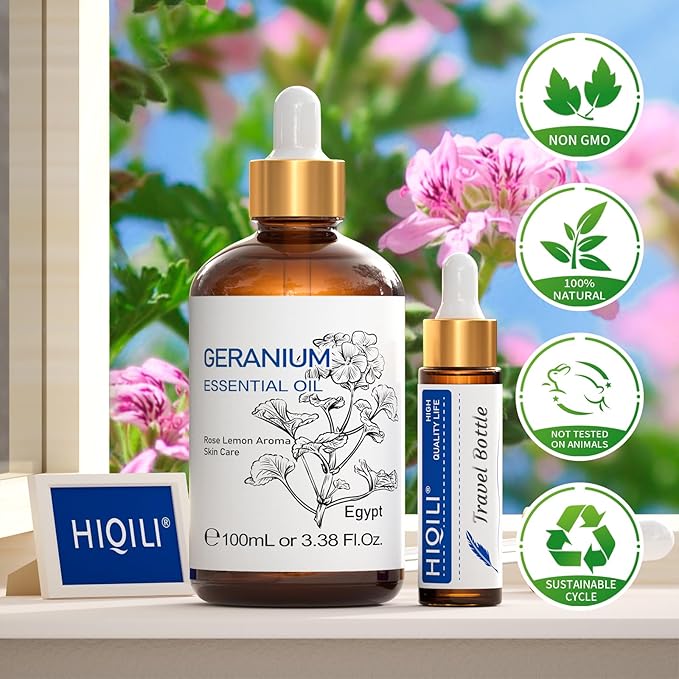 HIQILI 100ML Geranium Essential Oil for Skin, Diffuser & Candle, 100% Pure and Natural - 3.38 Fl Oz-Velvo Beauty