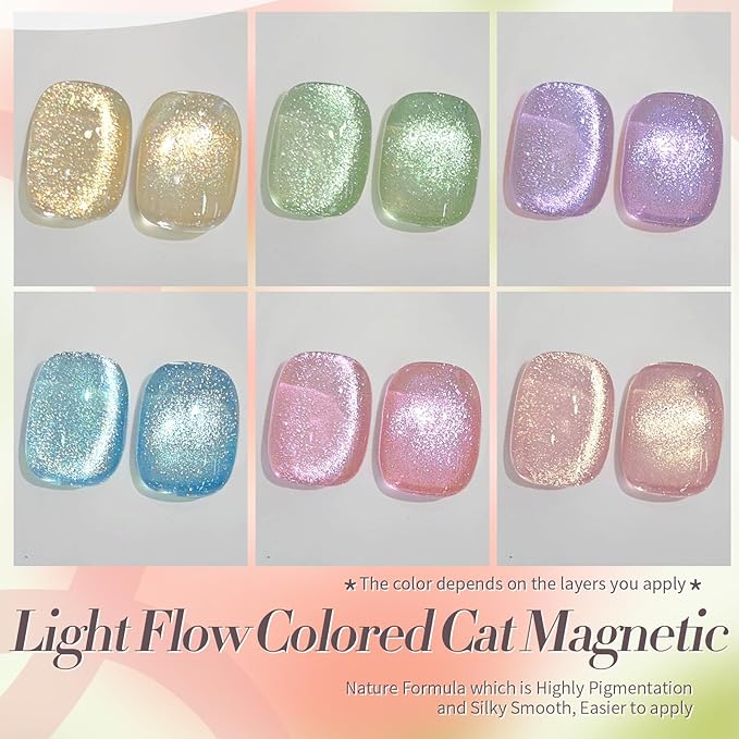 Born Pretty Cat Magnetic Eye Gel Nail Polish Spring Summer Pastel Shimmer Glitter Holographic Cat Magnetic Eye Gel Crystal Glass Cat Magnetic Gel Polish Manicure Nail Art DIY at Home 6PCS-Velvo Beauty