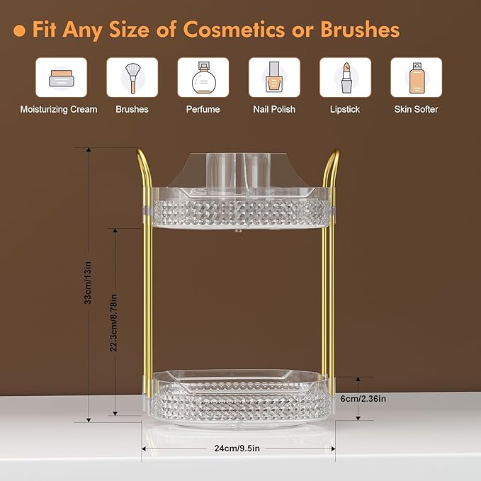 Awenia Rotating Makeup Organizer 360, Stackable Adjustable Large Capacity Cosmetic Storage Unit,Dresser Bathroom Kitchen Countertop Organizer with Metal Handle, Plus Size (Clear, 2 Tier)-Velvo Beauty