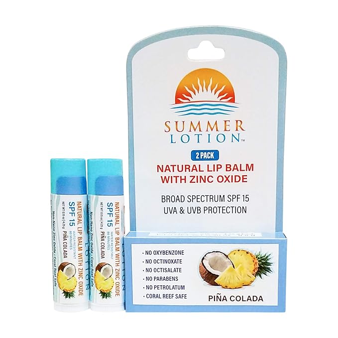 Natural Lip Balm with Zinc Oxide Sunblock by Summer Lotion, SPF 15 Lip Sunscreen 2-Pack, Water Resistant Chapstick, SPF Lip Protection for Everyone, (Pina Colada)-Velvo Beauty