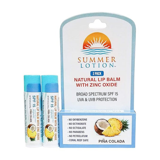 Natural Lip Balm with Zinc Oxide Sunblock by Summer Lotion, SPF 15 Lip Sunscreen 2-Pack, Water Resistant Chapstick, SPF Lip Protection for Everyone, (Pina Colada)-Velvo Beauty