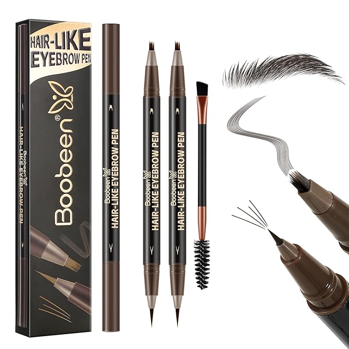 Boobeen 2pcs Waterproof Eyebrow Pen，Dual-Ended Eyeliner Microblading Eyebrow Pencil for Women，Long Lasting Hair-Like Brow Pen with Brow Brush，Dark Brown-Velvo Beauty