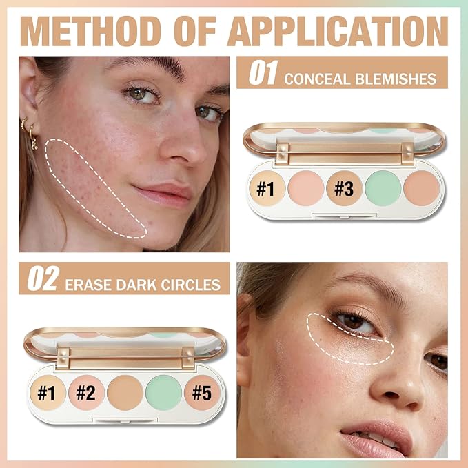 FOCALLURE #GoldenAge 5 in 1 Multi Uses Concealer Palette, 5 Colors Correcting Conceal Palette, Camouflage Contour Palettes for Dark Circles, Face Contouring Highlighter Pallet, CC01 LIGHT-CORRECTING-Velvo Beauty