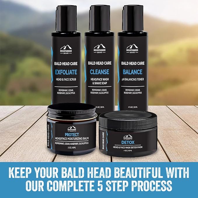 Mountaineer Brand Ultimate Bald Head Care Gifts Bundle For Men | All Natural 5 Step Skin Care for Healthy Scalp & Face | Exfoliate Scrub | Cleanse Wash | Shine Away | Moisturizing Balm | Detox-Velvo Beauty