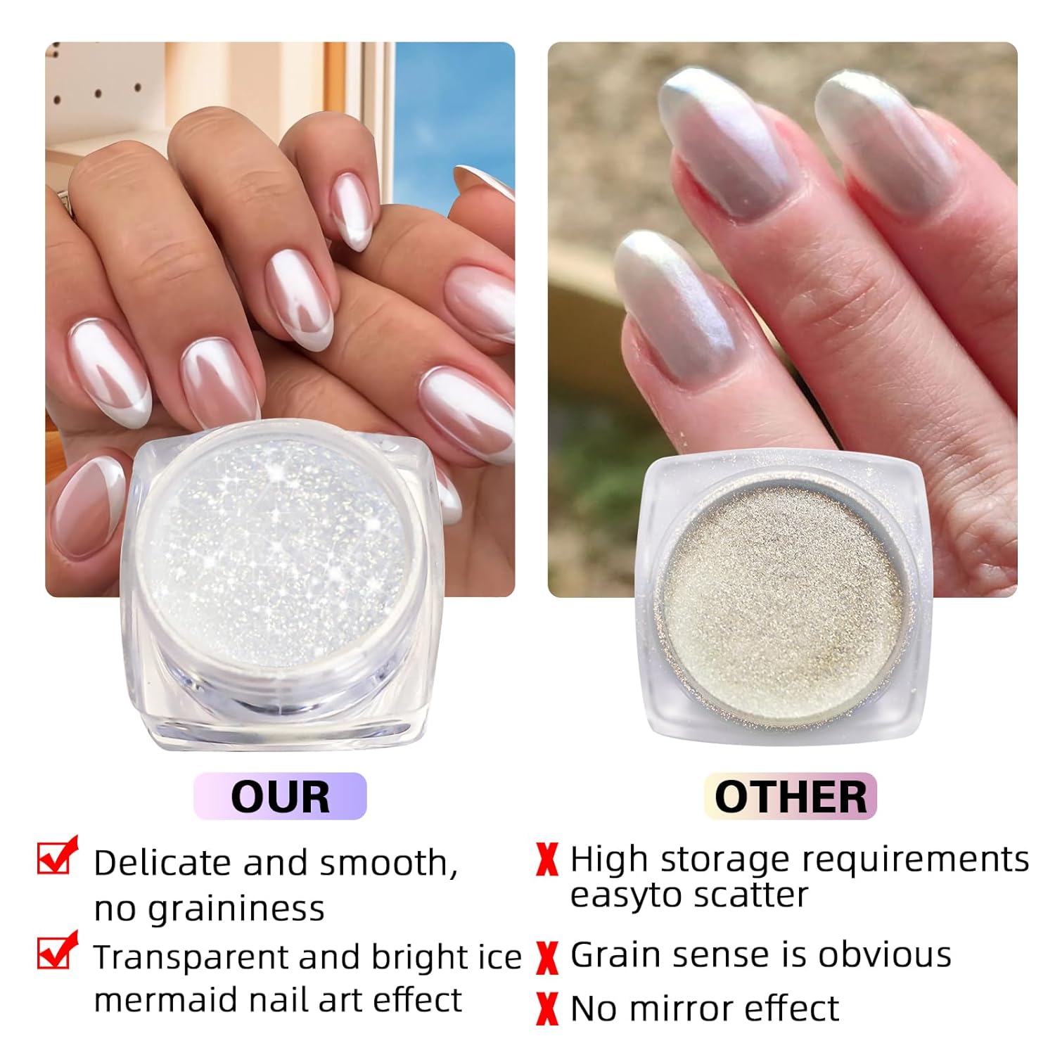 Pearl Chrome Nail Powder:【Super Transparent】 White Pearl Chrome Nail Powder Ice Shimmer Jewelry Transparent Aurora Glazed Donut Chrome Nail Powder for Nails Art DIY-Velvo Beauty