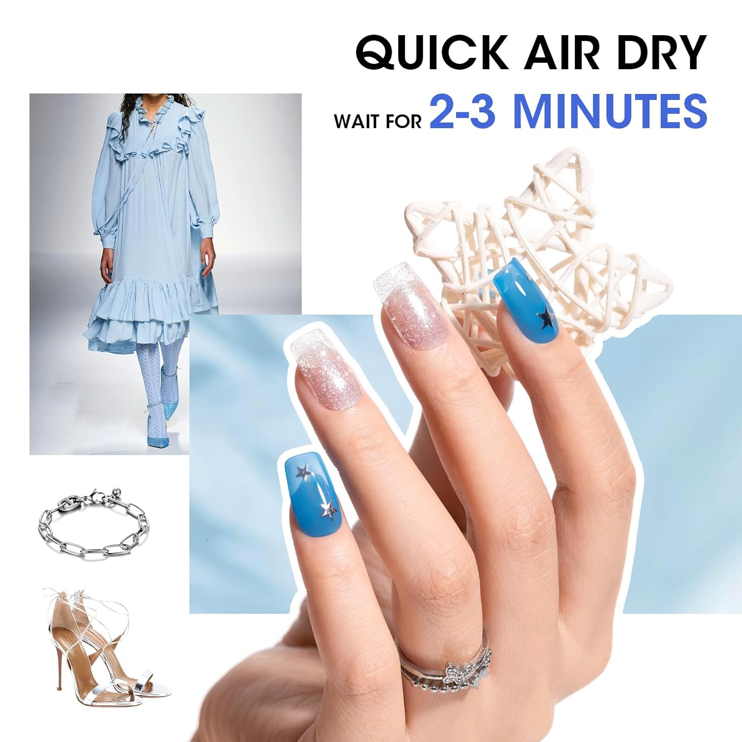 Gellen Blue Jelly Nail Polish, Sheer Nail Polish Quick Dry Summer 6 Colors Blue Glitter Set, Natural Traditional Regular Nails Polish for Acrylic Natural Nails Home Salon, No Gel, Hema Free, Non-toxic-Velvo Beauty