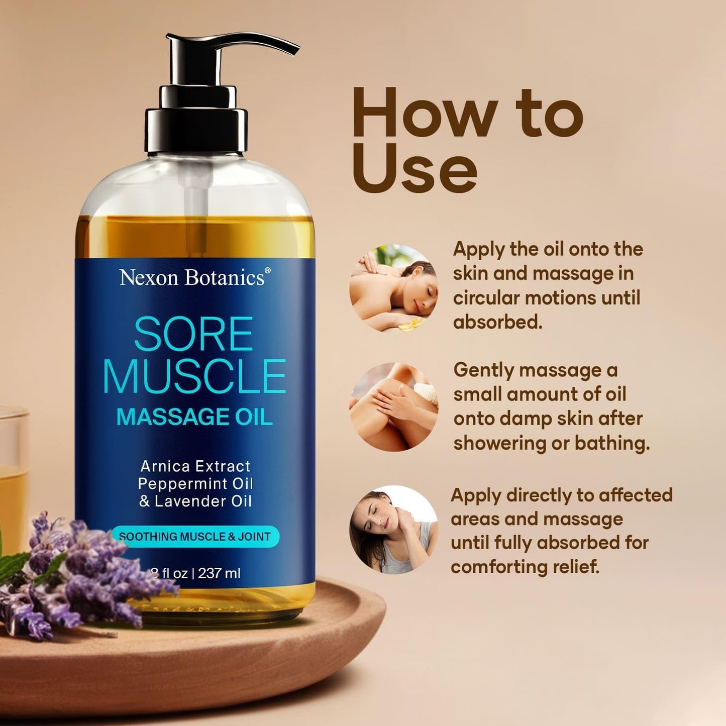 Sore Muscle Massage Oil for Massage Therapy 8 fl oz - Refreshing and Relaxing - Natural Oils with Arnica, Peppermint and Lavender Oil - for Men and Women - Nexon Botanics-Velvo Beauty