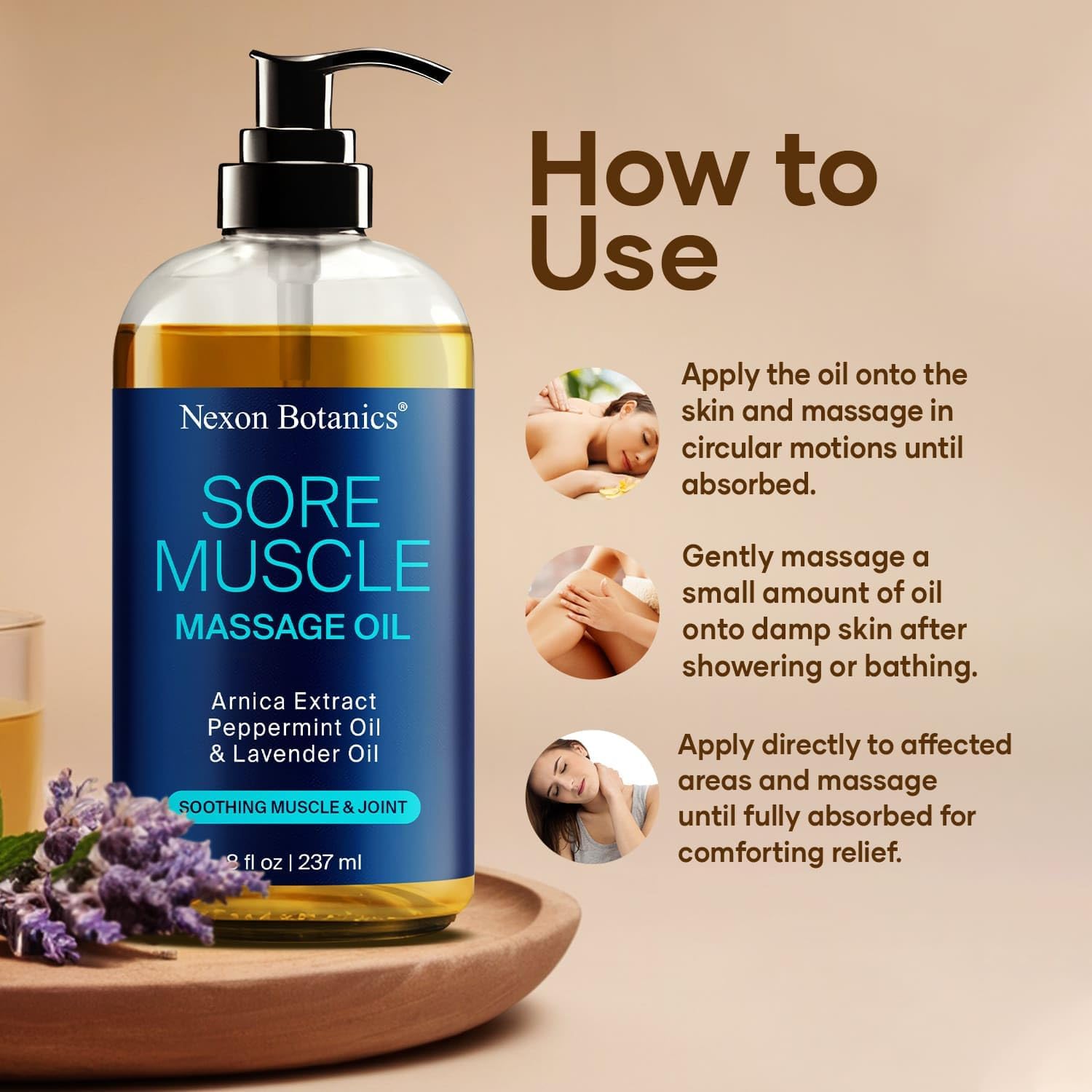Sore Muscle Massage Oil for Massage Therapy 8 fl oz - Refreshing and Relaxing - Natural Oils with Arnica, Peppermint and Lavender Oil - for Men and Women - Nexon Botanics-Velvo Beauty