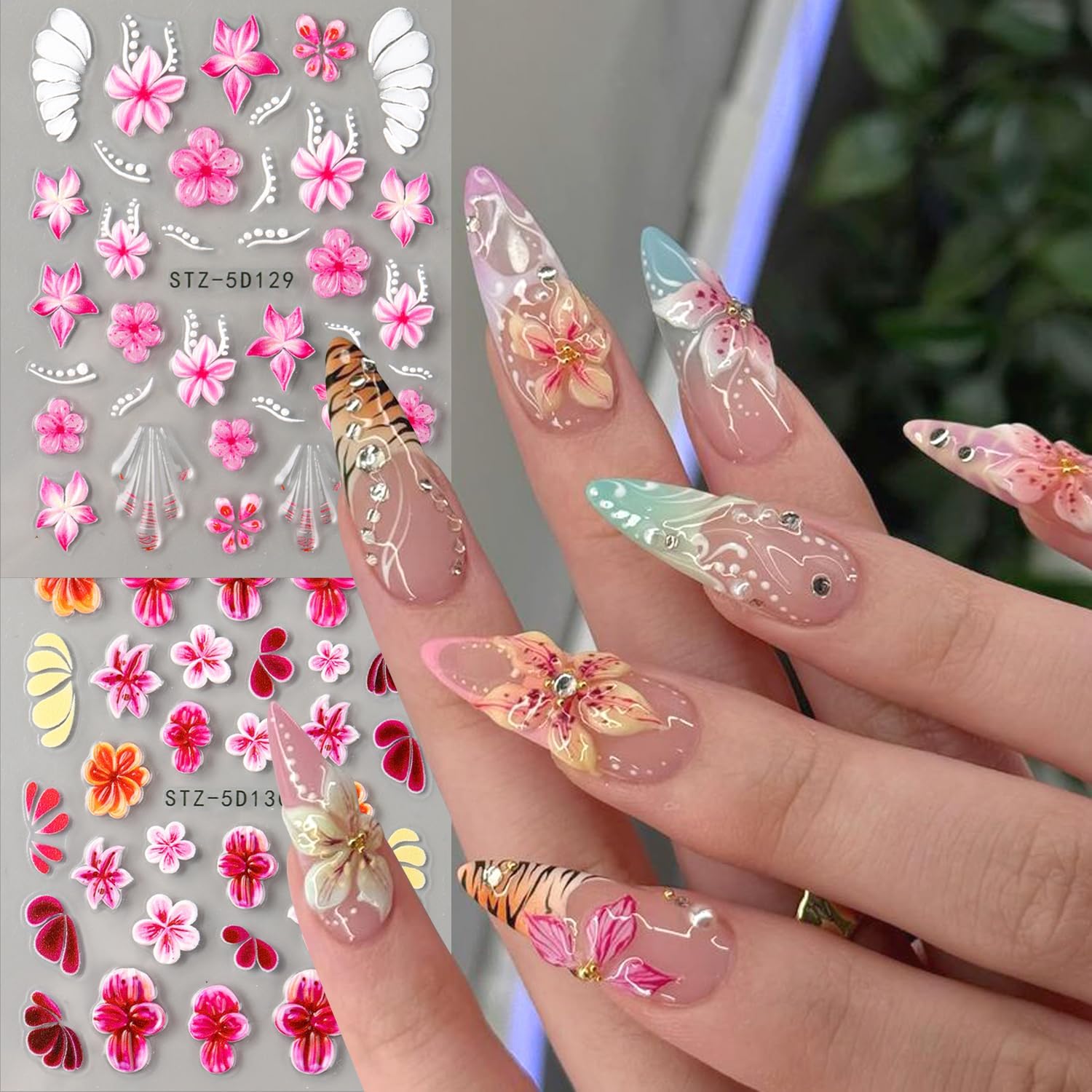 Cute Flowers Nail Art Stickers 5D Embossed Flower Nail Decals with Rhinestones Design Nail Stickers Self-Adhesive Colorful Floral Starfish Nail Decal French Sticker for Women Summer Hawaii Nails Decor-Velvo Beauty