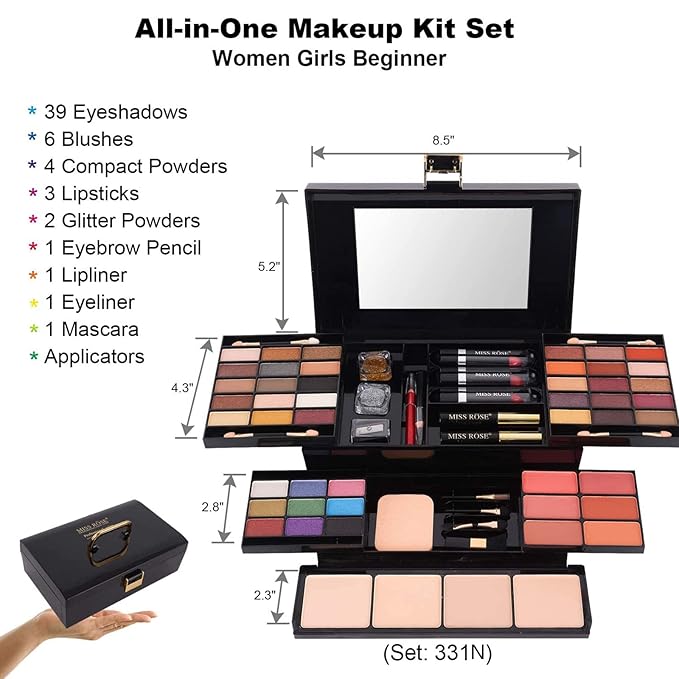 58 colors Professional All In One Makeup Full Kit for Women Girls Beginner, Makeup Gift Set with Eye Shadow Blush, Lipstick, Compact Powder, Mascara, Eyeliner, Lip Liner, Eyebrow Pencil, Glitter(331N)-Velvo Beauty