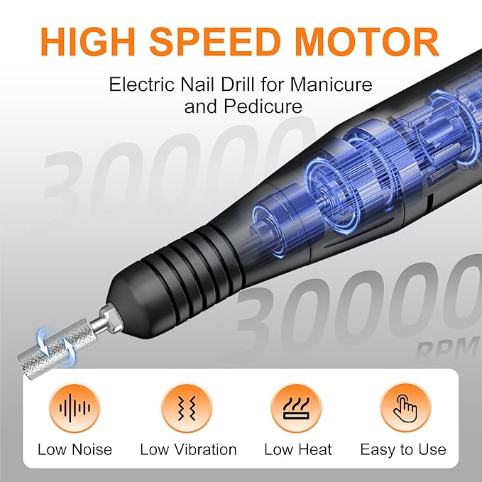 Professional Electric Nail Drill File:COSYGLOW Glitter Portable Cordless E-File Nail Drill Kit with 11 Drill Bits,30000 RPM Rechargeable Nail Drills Machine for Acrylic Nails Gel Polishing(Black)-Velvo Beauty