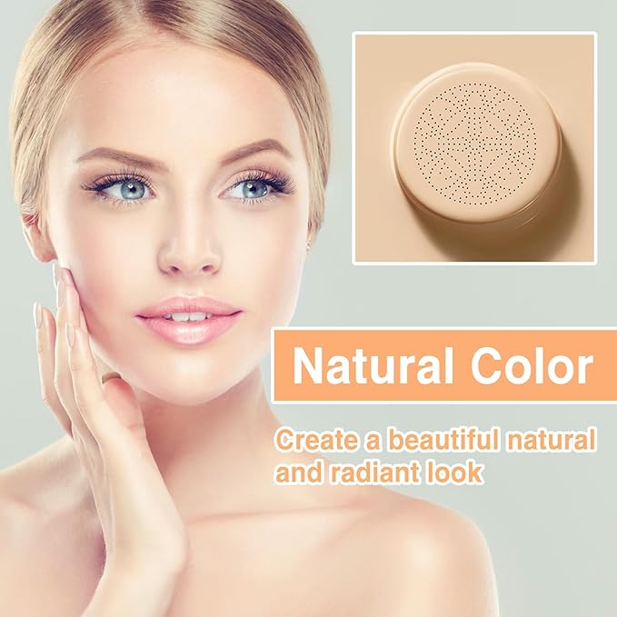 2Pcs Mushroom Head Air Cushion CC Cream, Long Lasting Oil Control BB Cream for All Skin Types, Moisturizing Foundation Face Makeup Set with Foundation Brush （#Natural）-Velvo Beauty