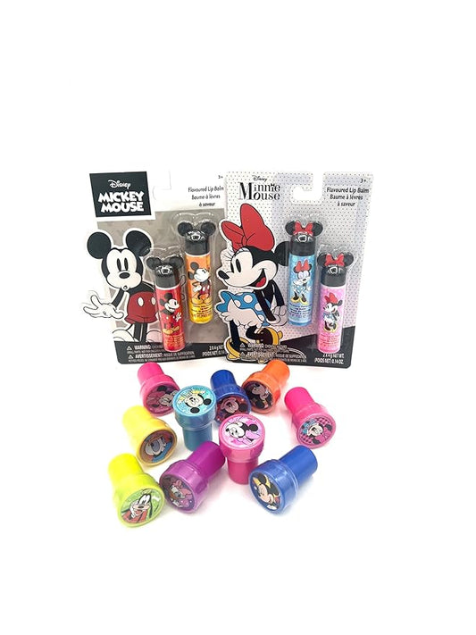Disney Mickey and Minnie Lip Balm Bundle with 4 Lip Balms in Assorted Flavors - Bonus 1 Assorted Disney Stamp-Velvo Beauty
