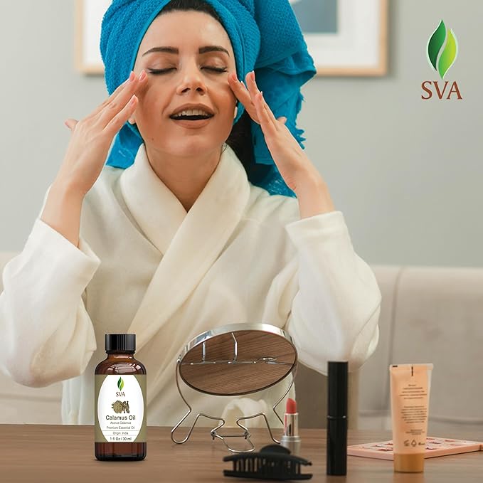 SVA Calamus Essential Oil – 1 Fl Oz – 100% Natural Calamus Oil - for Diffuser, Hair Care, Face, Skin Care, Aromatherapy, Scalp and Body Massage, Soap and Candle Making – with Dropper-Velvo Beauty