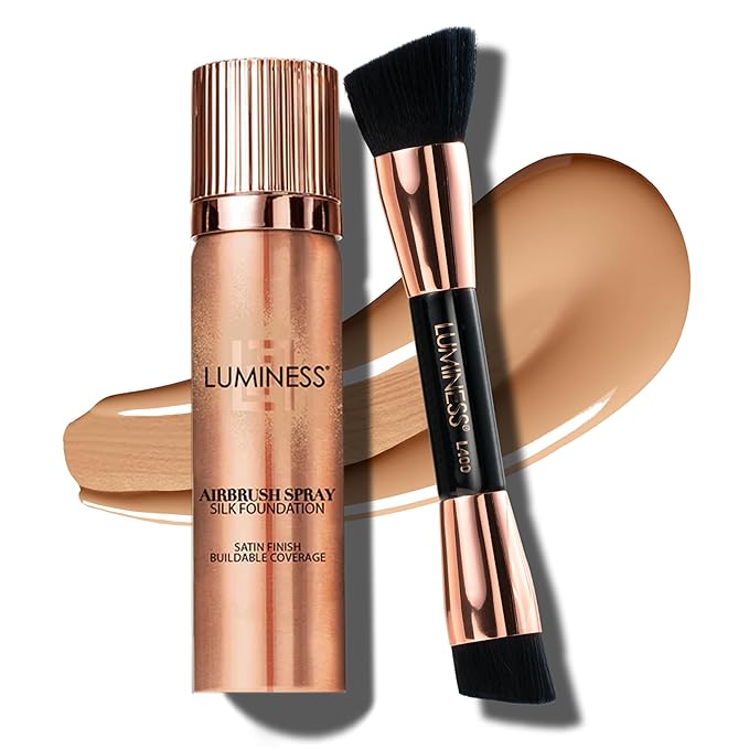 LUMINESS Silk Airbrush Spray Foundation & Buffing Brush Kit – Full Coverage Foundation & Dual-Sided Buffing Brush - Buildable Coverage, Anti-Aging Formula Hydrates & Moisturizes (Shade - Medium Warm)-Velvo Beauty