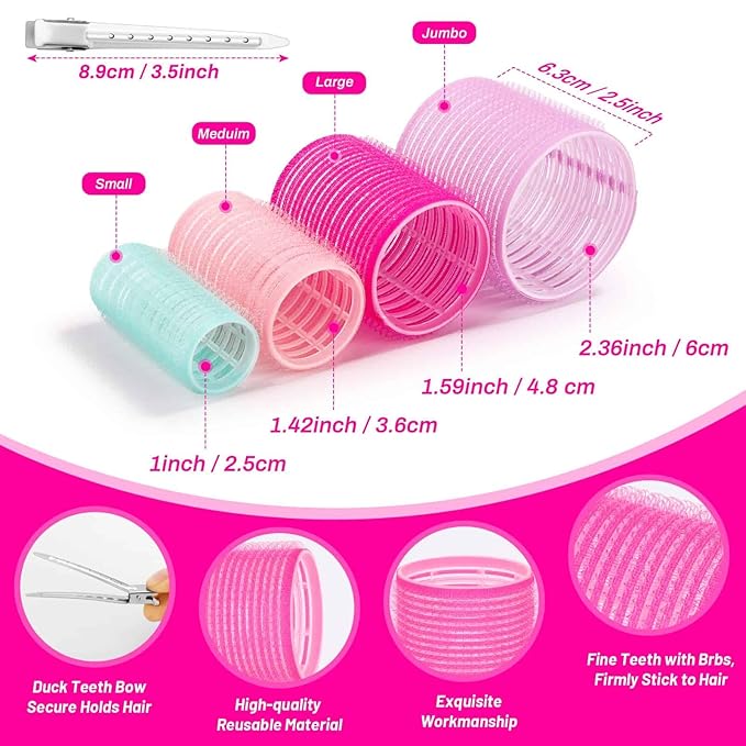 Acejoz Hair Rollers Set for Blowout Look, 38 Pcs Self Grip Hair Rollers with 4 Sizes, 12 Pcs Hair Clips, Comb, Storage Bag for Long, Medium, Short, Thick Hair Volume (Multicolor)-Velvo Beauty
