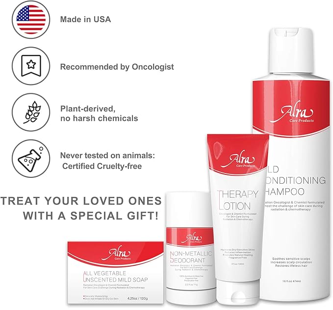 Alra Chemo & Radiation Kit Therapy Skincare Bundle (4-Piece Set) Deep Moisturizing Lotion, Mild Soap, Conditioning Shampoo, Non-Metallic Deodorant | Natural, Soothing Wellness for Cancer Patients-Velvo Beauty