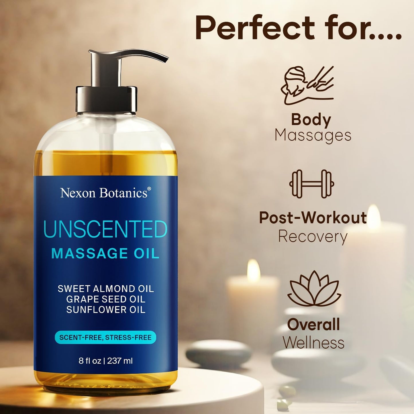 Unscented Massage Oil for Massage Therapy 8 fl oz - Refreshing and Relaxing - Natural Oils with Sweet Almond, Grape Seed and Sunflower Oil - for Men and Women - Nexon Botanics-Velvo Beauty