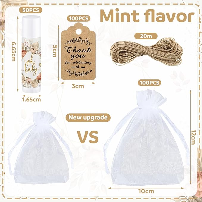 Demissle 50 Pcs Baby Shower Lip Balm Gift Set with 100 Pcs Organza Bags Baby Shower Party Favor for Guest Thank You Tag Rope Baby Shower Party Decoration Gender Reveal Souvenirs(Colorful Plants)-Velvo Beauty