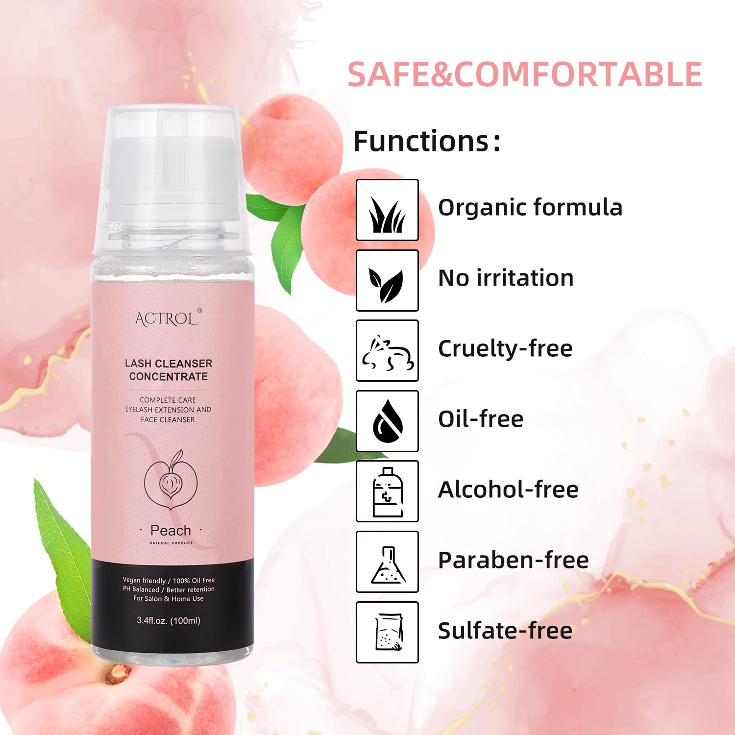 Eyelash Shampoo Concentrate 100ml Lash Extensions Cleanser Concentrate Peach Foaming Shampoo DIY Paraben & Sulfate Free Wash for Lashes with Salon Home Care-Makes 60ml Bottles-Velvo Beauty