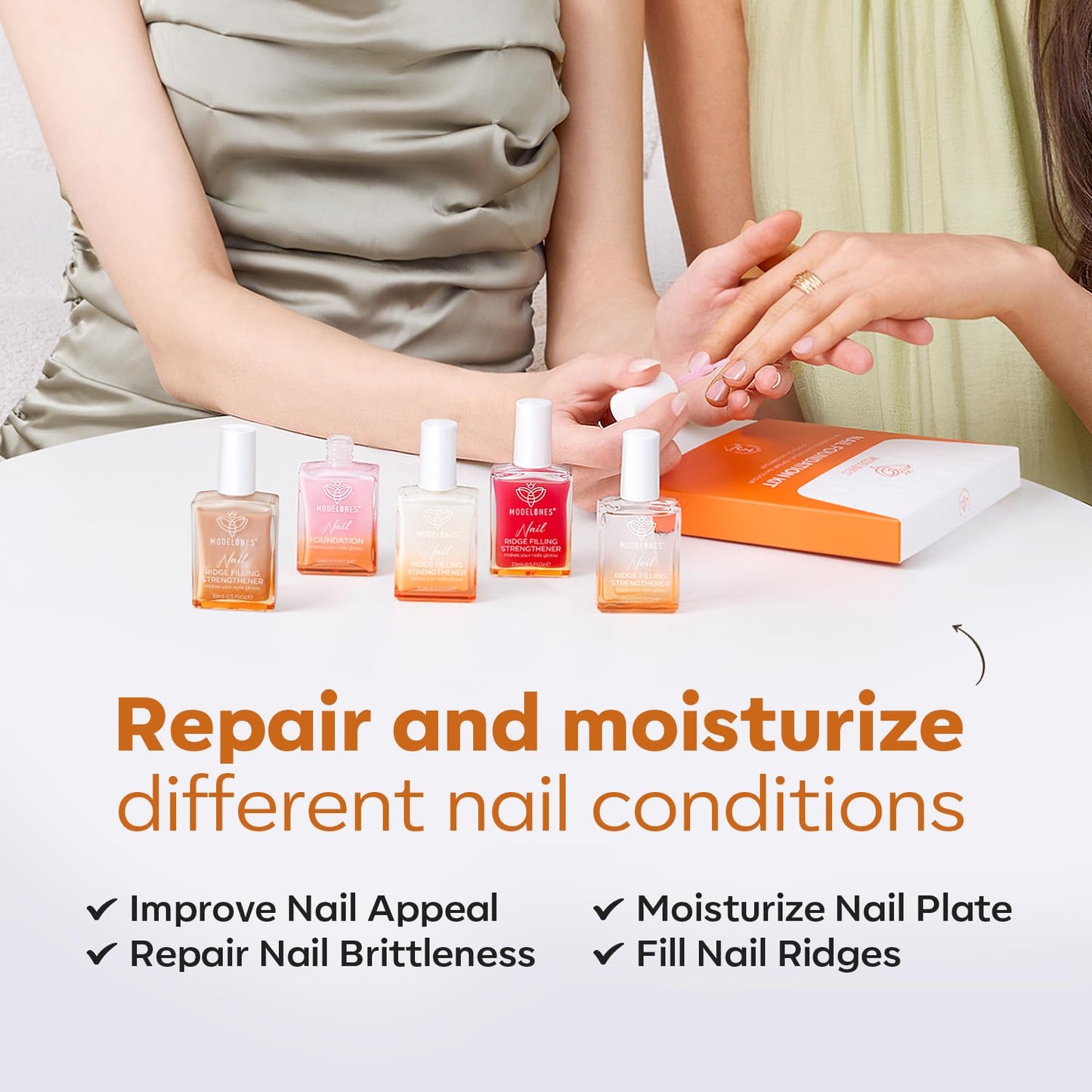 modelones Nail Strengthener, 8-in-One Nail Ridge Filler Base Coat Nail Polish Repair Nail Growth Treatment for Thin and Damaged Nails, Sparkling Champagne, 15ml-Velvo Beauty