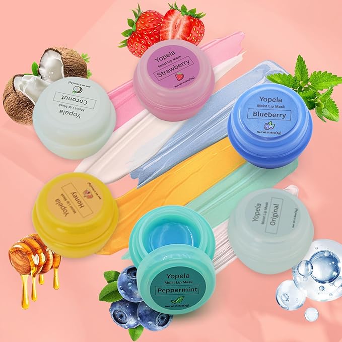 6 Pack Cute Lip Mask Sleeping Overnight for Dry Lips with Coconut Oil and Beeswax -Smoothing Hydrating Softening Plumoing Moisturizing with Small Lip Brush 6 Flavors 0.18 oz-Velvo Beauty