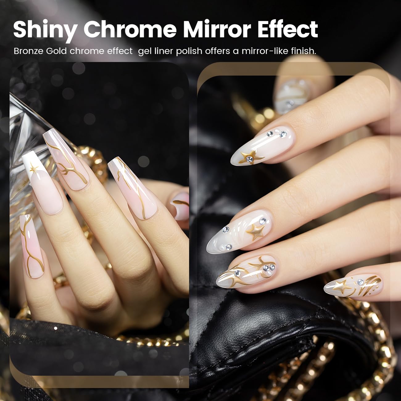 RARJSM Nail Art Gel Liner Metallic Bronze Gold and White 2pcs Set Mirror Chrome 3D Effect Gel Nail Polish 8ml Build in Thin Brush Swirl Drawing Stripper Gelpolish Curing Requires for Home Salon-Velvo Beauty
