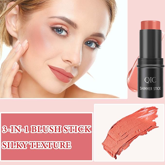 Cream Contour Blush Stick,Long Lasting Waterproof Blush Stick for Cheeks&Lips Multipurpose Face Highlighting Concealing Cream,Shimmer Contour Stick Makeup for Women（Rose Red）-Velvo Beauty