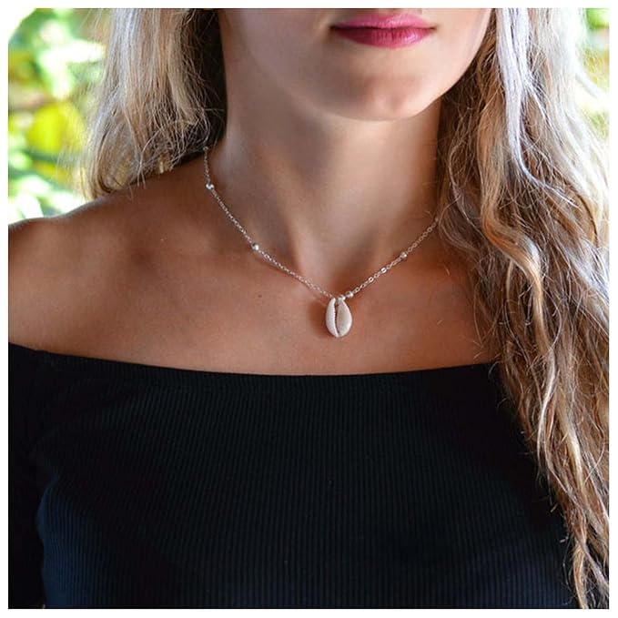 Bohemia Sea Shell Choker Necklace Natural Shell Pendant Necklace Minimalist Cowrie Necklace Silver Satellite Chain Necklace Jewelry for Women and Girls-Velvo Beauty