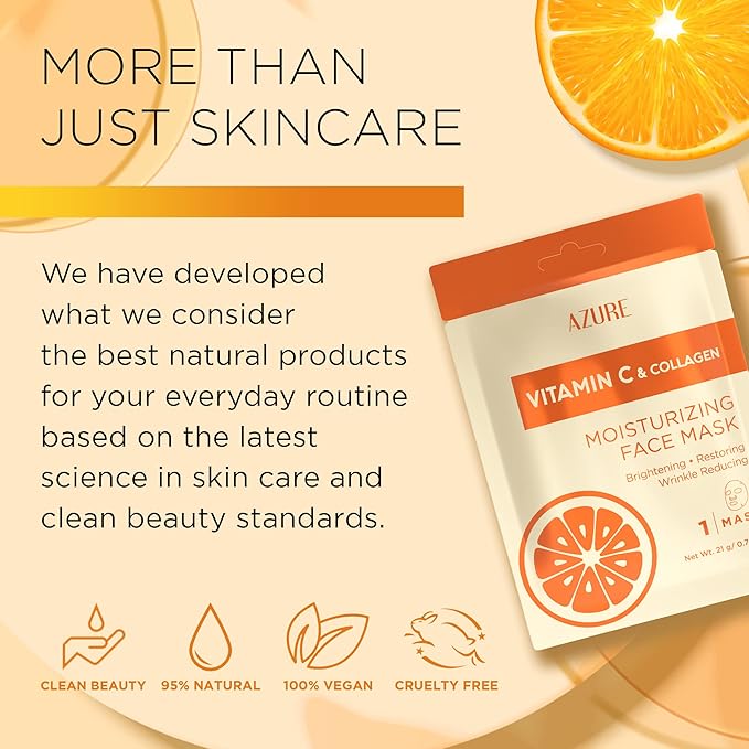 Azure Cosmetics Vitamin C & Collagen Moisturizing Facial Sheet Mask- Anti Aging, Deeply Moisturizing & Firming - Improves Elasticity - Skin Care Made in Korea - Pack of 5-Velvo Beauty