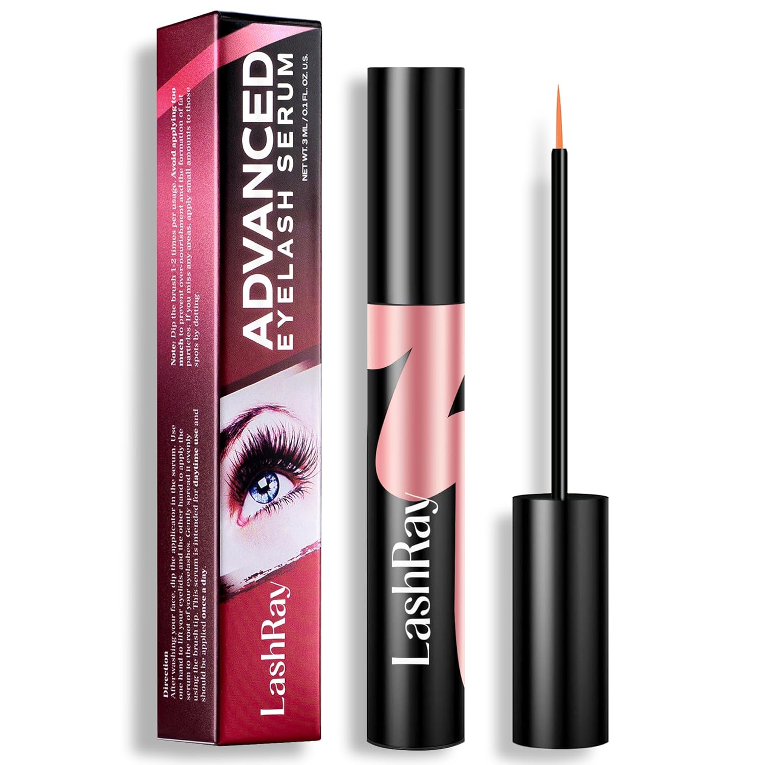 Advanced Lash Serum for Eyelash Growth: LashRay Eye Lash Enhancing Serum to Grow Longer Thicker Eyelashes and Eyebrows for Women, 0.1 oz-Velvo Beauty