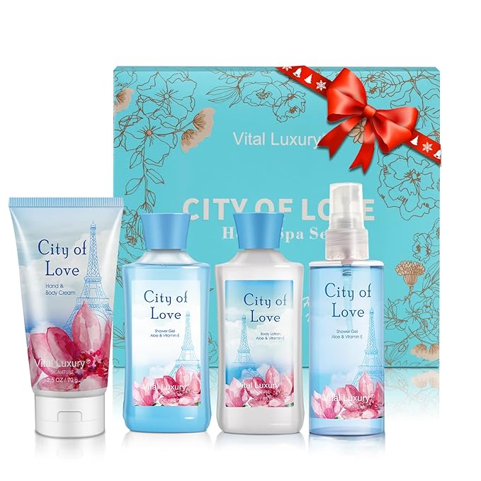 Bath & Body Kit, 3 Fl Oz, Ideal Skincare Gift Home Spa Set, Includes Body Lotion, Shower Gel, Body Cream, and Fragrance Mist, Birthday Mother's Valentine's Day Gifts(City of Love)-Velvo Beauty