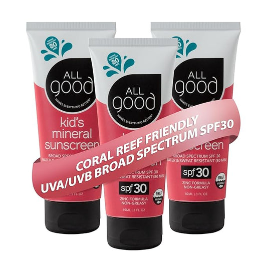 All Good Baby & Kids Sunscreen Lotion for Face & Body - UVA/UVB Broad Spectrum, SPF 30, Zinc Oxide, Coral Reef Friendly, Water Resistant - Zinc, Shea Butter, Coconut Oil, Aloe (3 oz)(3-pack)-Velvo Beauty