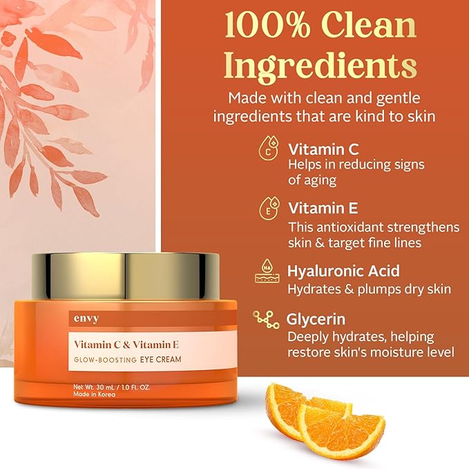 Envy Vitamin C & Vitamin E Under Eye Cream - For Dark Circles and Puffiness, Brightening & Anti-Aging Under Eye Cream - Rejuvenates Fatigued Eyes - Cruelty Free Korean Skin Care - 1.01 OZ-Velvo Beauty