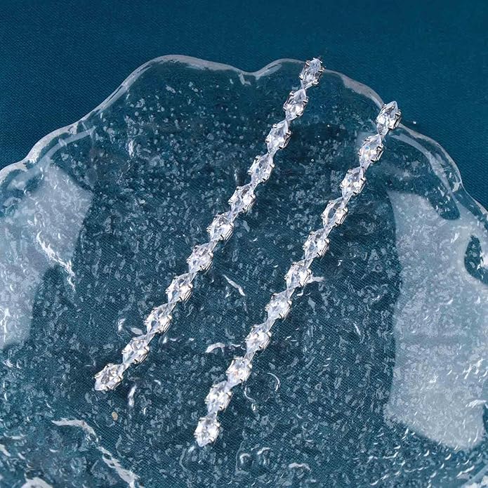 Vintage Rhinestone Chain Drop Earrings Silver Linear Crystal Earrings Sparkle Cz Tassel Earrings Long Cz Chain Stud Earrings Jewelry for Women and Girls-Velvo Beauty