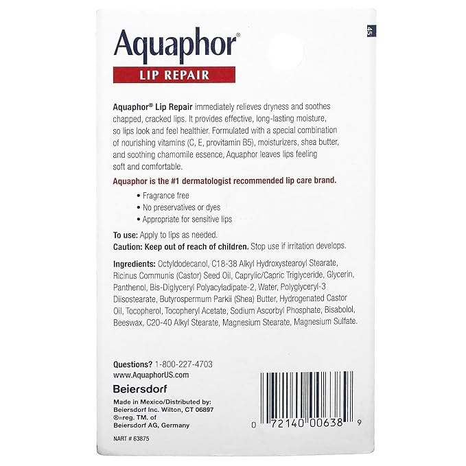 Aquaphor Lip Repair Ointment - Long-lasting Moisture to Soothe Dry Chapped Lips - .35 fl. oz Tube, 4 Pack-Velvo Beauty