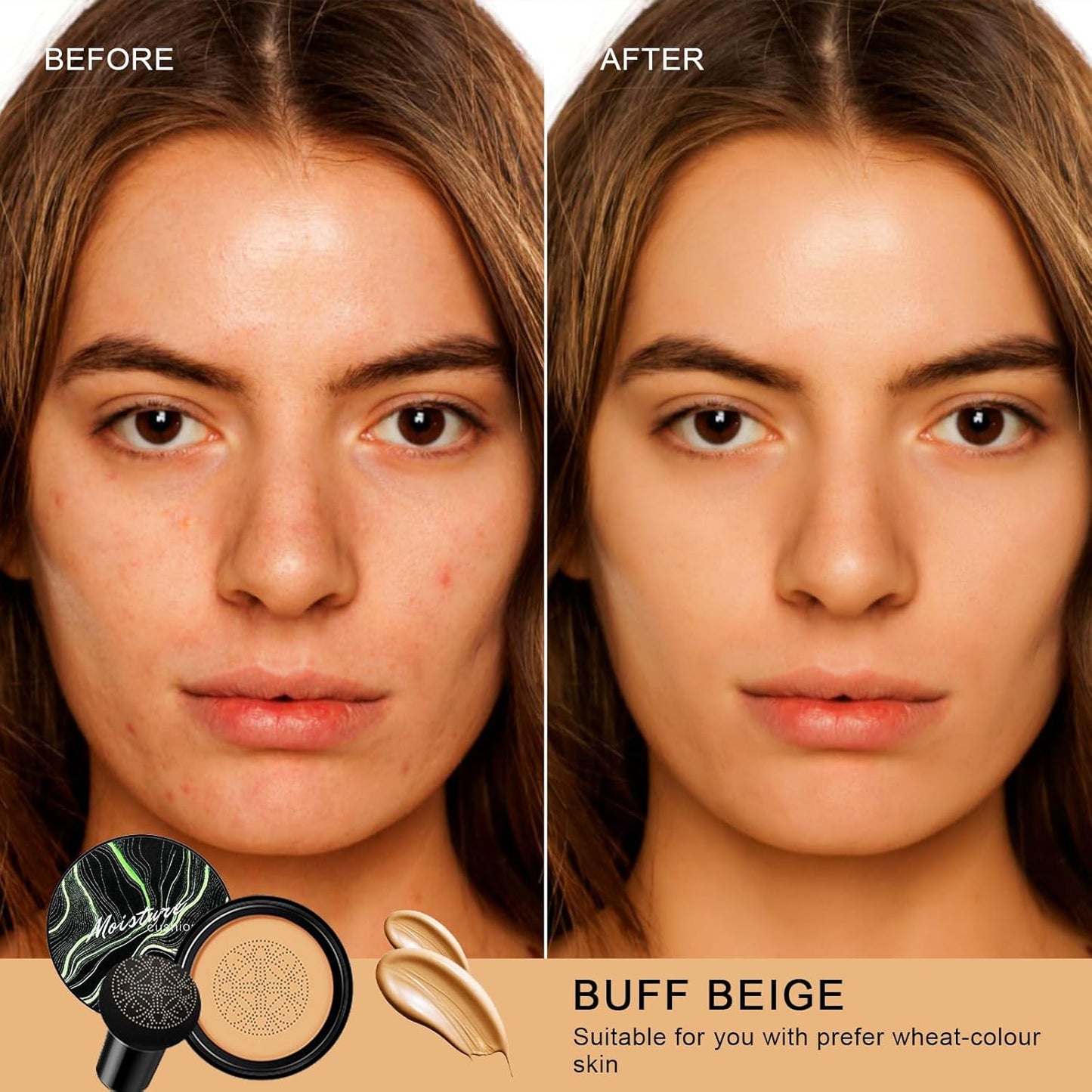 Mushroom Head Air Cushion CC Cream - BB Cream Face Makeup for Mature Skin, Moisturizing Cover Balm Foundation & Long-Lasting Color Correcting Concealer, Even Skin Tone for All Skin Types (Buff Beige)-Velvo Beauty