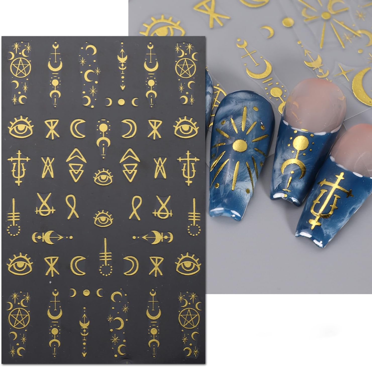 5 Sheets Metallic Gold Nail Art Stickers 3D Self-Adhesive Nails Stickers Bohemian Sun Moon Hexagram 3D Decal Supplies Women DIY Gold Metal Nail Art Decoration-Velvo Beauty