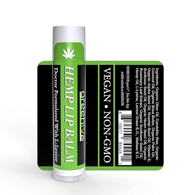 GreenIVe Hemp Lip Balm, Vegan, Omegas 3 & 6, Vitamin E, L-Lysine, Hydrating Handcrafted (5)-Velvo Beauty