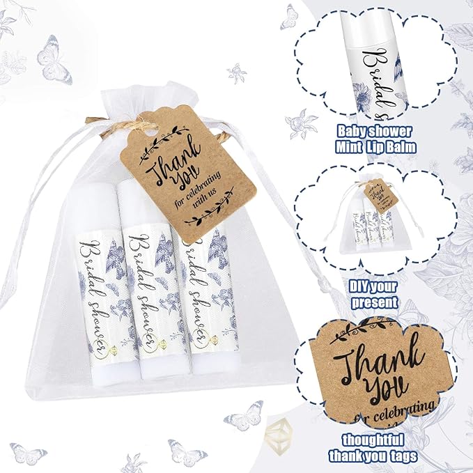 Demissle 50 Pcs Bridal Shower Lip Balm Gift Set with 100 Pcs Organza Bags Thank You Tags 20 Meters Rope wedding Party Favor for Guest Favors Gift Party Decoration Souvenirs(Vintage Flower)-Velvo Beauty