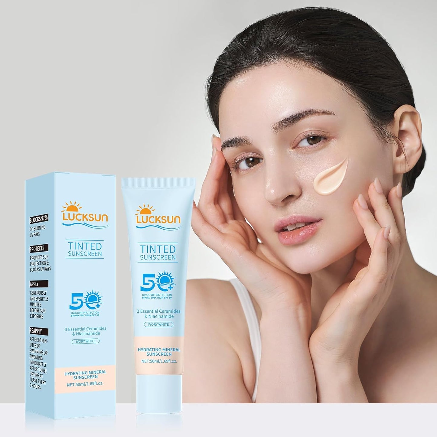 Tinted Sunscreen for Face SPF 50, 2 PCS Defense SPF 50 Face Sunscreen Lotion with Hyaluronic Acid, Sun Essence Faces Sunscreens, Hydrating, Moisturizing, UV Defense, Travel Size (Light Color)-Velvo Beauty