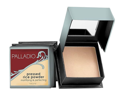 Palladio, Pressed Rice Powder with Mirror Mattifying Makeup Setting that Lasts All Day Instantly Absorbs Oil Works alone or with makeup, Translucent, 0.26 Ounce-Velvo Beauty