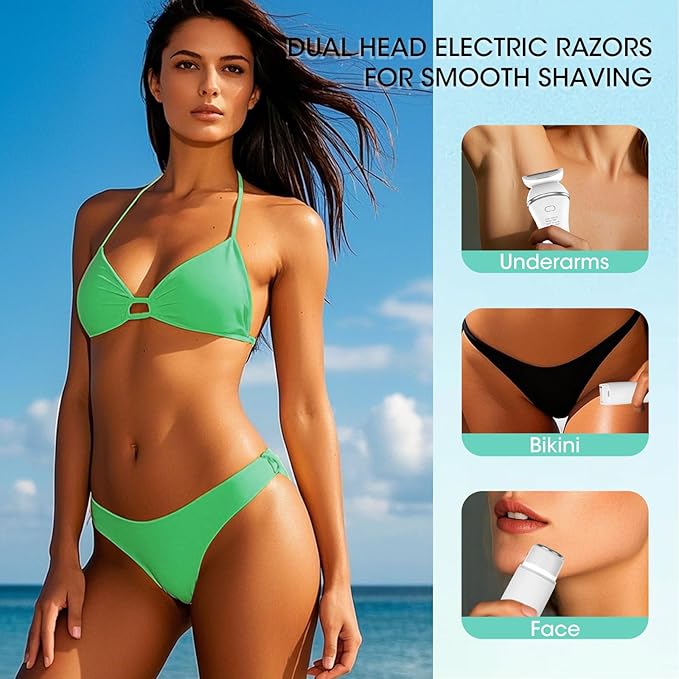 Epilators Hair Removal for Women-2 in 1 Eletctric Razors for Women,Dual Head Bikini Trimmer for Pubic Hair/Lady Facial Razor,Cordless Epilator Body Shaver for Smooth Wet/Dry Shaving,Led Light-Velvo Beauty