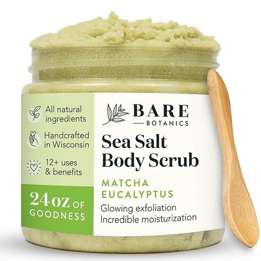 Bare Botanics Matcha Eucalyptus Body Scrub 24 oz - Naturally Scented Sea Salt Scrub Made in Madison, WI - Formulated w/Skin Loving Moisturizers - Vegan, Cruelty Free Exfoliator w/a Cute Wooden Spoon-Velvo Beauty