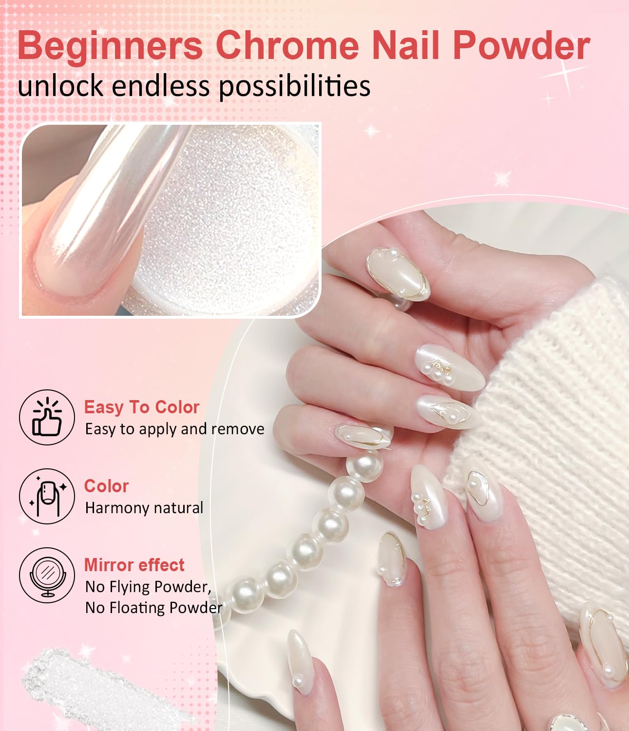 Gold Chrome Nail Powder BISHENGYF -【Magic Mirror Effect】 Pearl Chrome Nail Powder White Clear Aurora Mermaid Iridescent Nail Chrome Powder Pigment Glitter Dust for Manicure Decoation DIY-Velvo Beauty