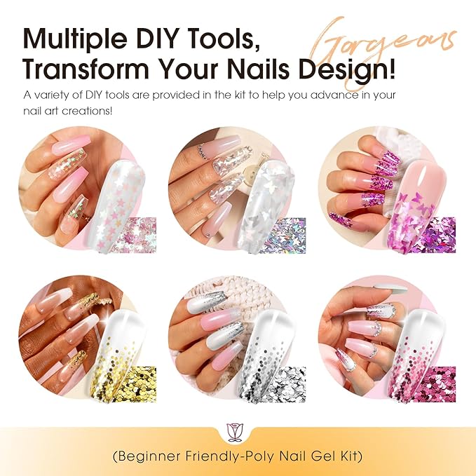 Poly Nail Gel Starter Kit -14 Colors + 75 Nail Art Accessories Kit,ROSALIND Clear Pink Nude Glitter Poly Nail Gel with Big UV Light 48W and Electric Nail Drill Starter Kit-Velvo Beauty