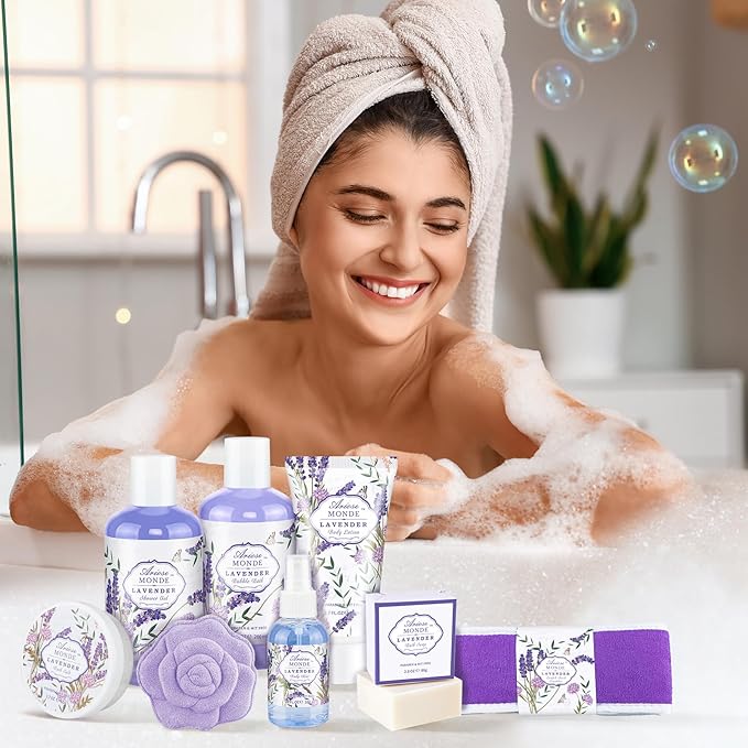 Lavender & Jasmine Scented Spa Gift Set for Women, Includes Body Lotion, Shower Gel, Salts, Bubble Bath, Body Mist, Soap, Bath Bombs-Velvo Beauty