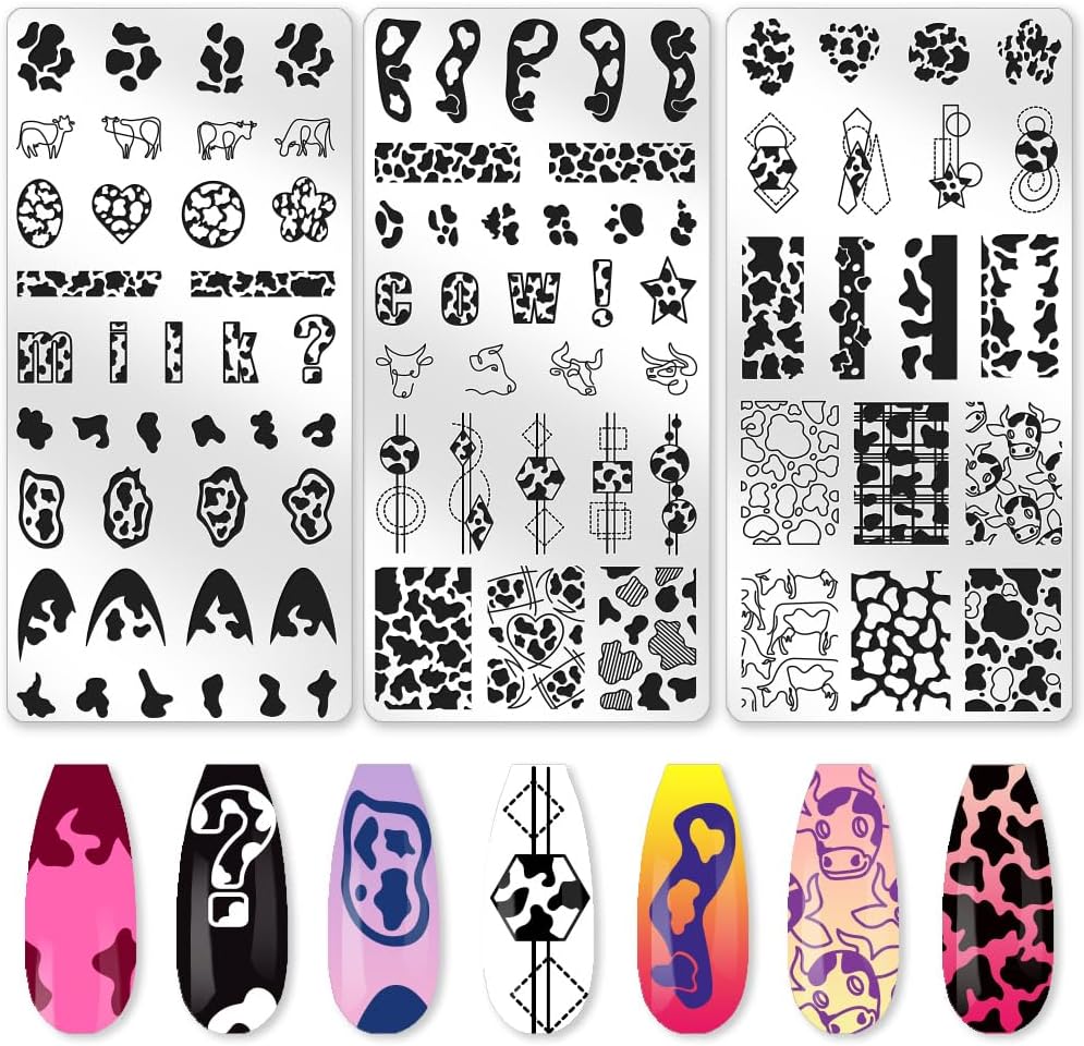 3Pcs Cute Cow Nail Stamping Plate Set Graffiti Spots Animal Heart ShapedStainless Steel Nail Templates Clear Silicone Nails Stamping with Stamper Scraper for Manicure Printing-Velvo Beauty